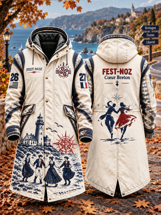 Vintage Off-White Français Breton Fest-Noz Patchwork Imprimer Long Hooded Jacket Homme
