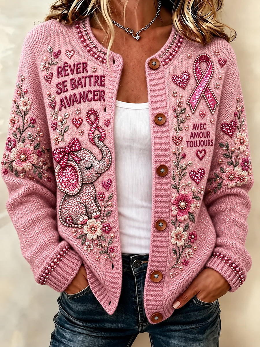 Cardigan tricoté boutonné de sensibilisation au cancer du sein pour femmes, style français