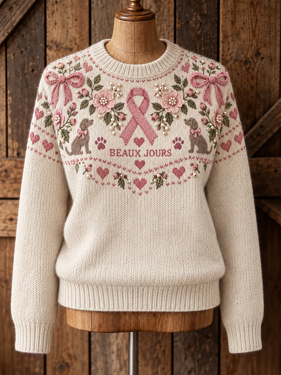 Pull tricoté à col rond pour la sensibilisation au cancer du sein, modèle femme