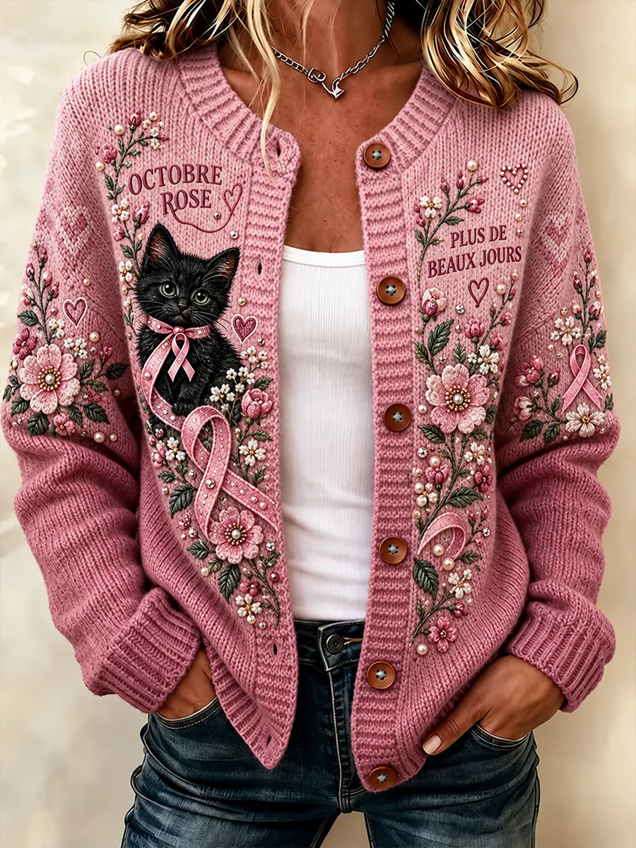 Cardigan en tricot pour femmes French Breast Cancer Awareness