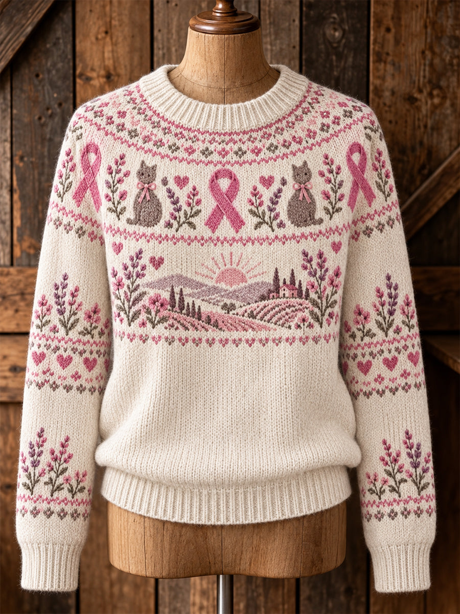 Pull tricoté à col rond pour la sensibilisation au cancer du sein, modèle femme