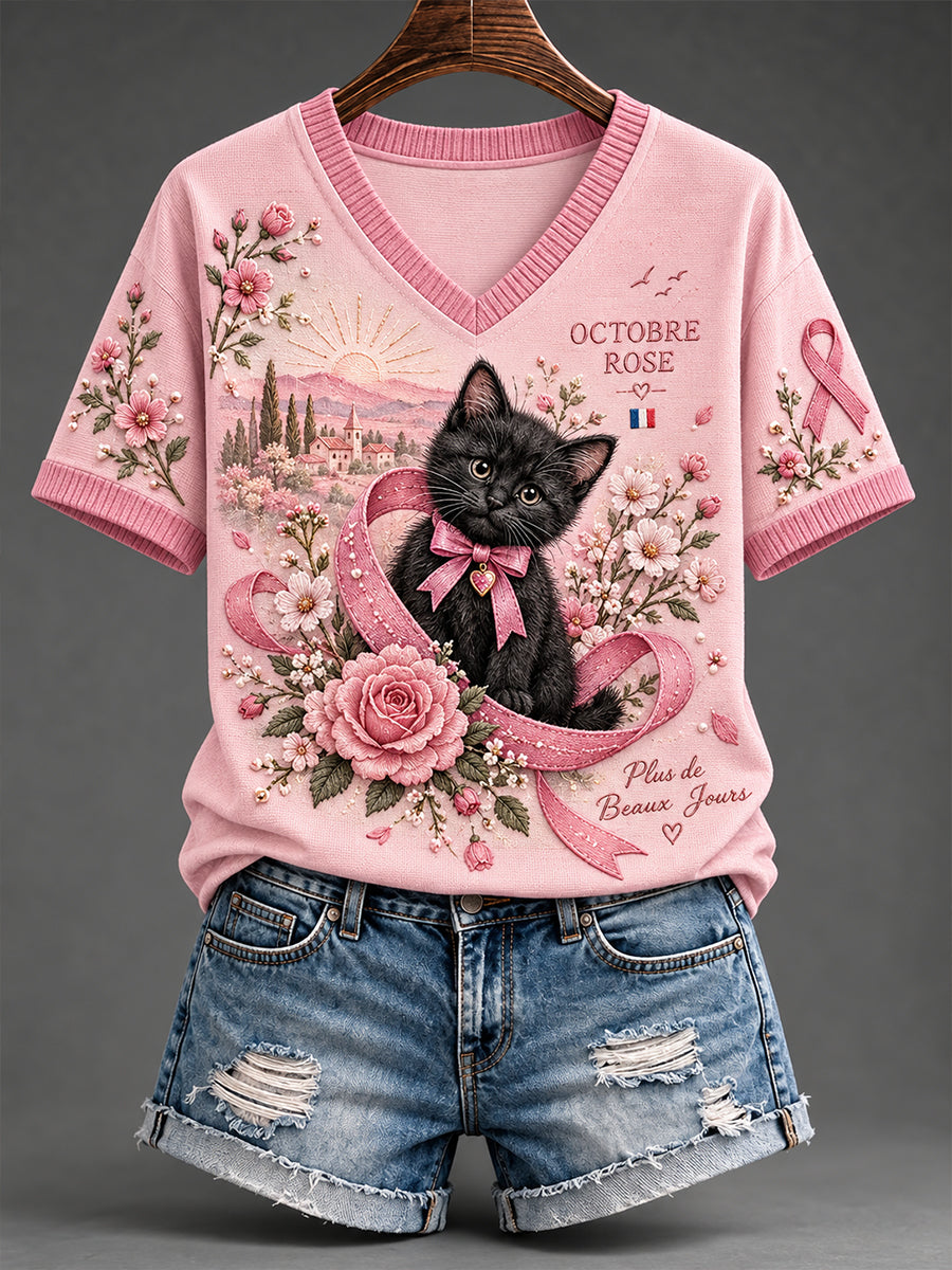 Women's French Breast Cancer Awareness T-shirt tricoté à manches courtes