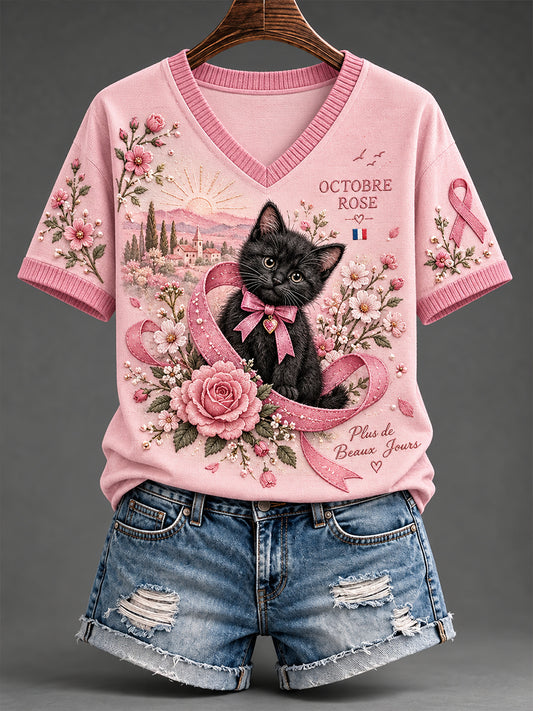 Women's French Breast Cancer Awareness T-shirt tricoté à manches courtes