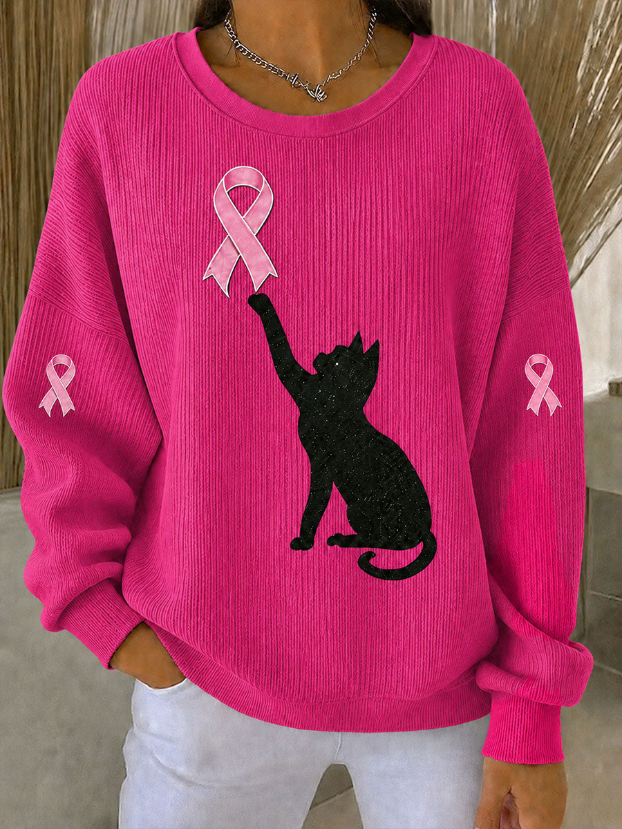 Sensibilisation au cancer du sein des femmes chat noir ruban rose côtelé col rond Sweatshirt