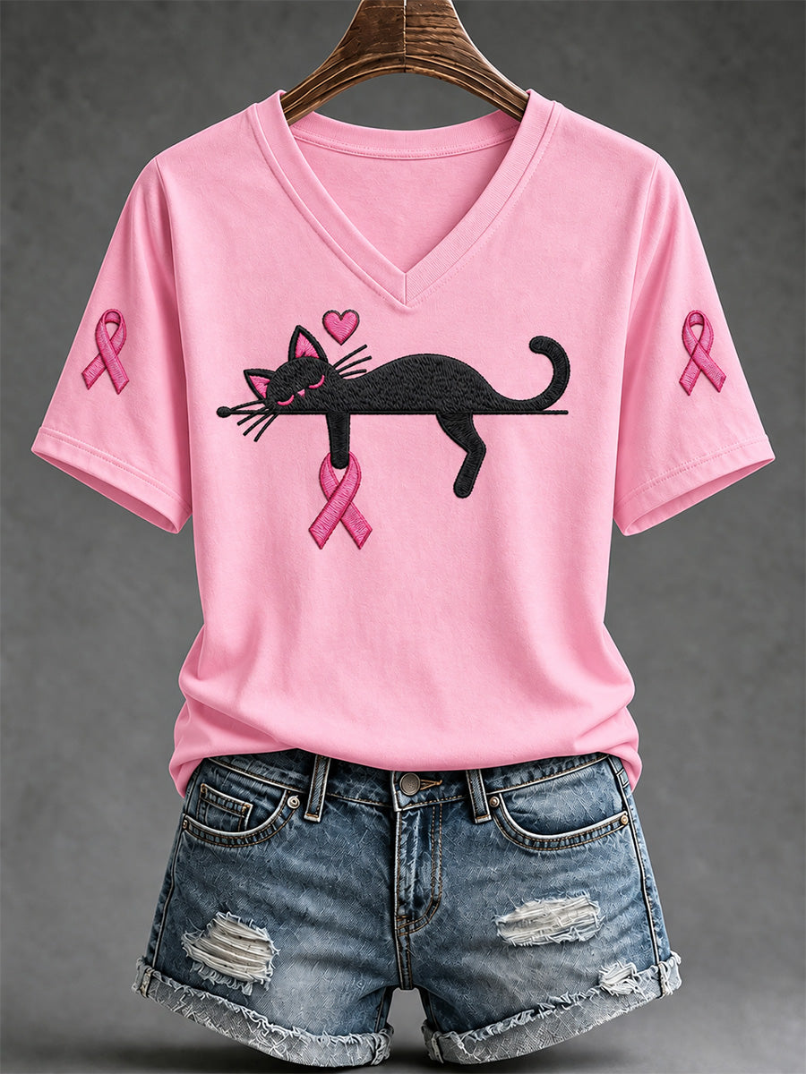 T-shirt à col en V imprimé de sensibilisation au cancer du sein pour femmes