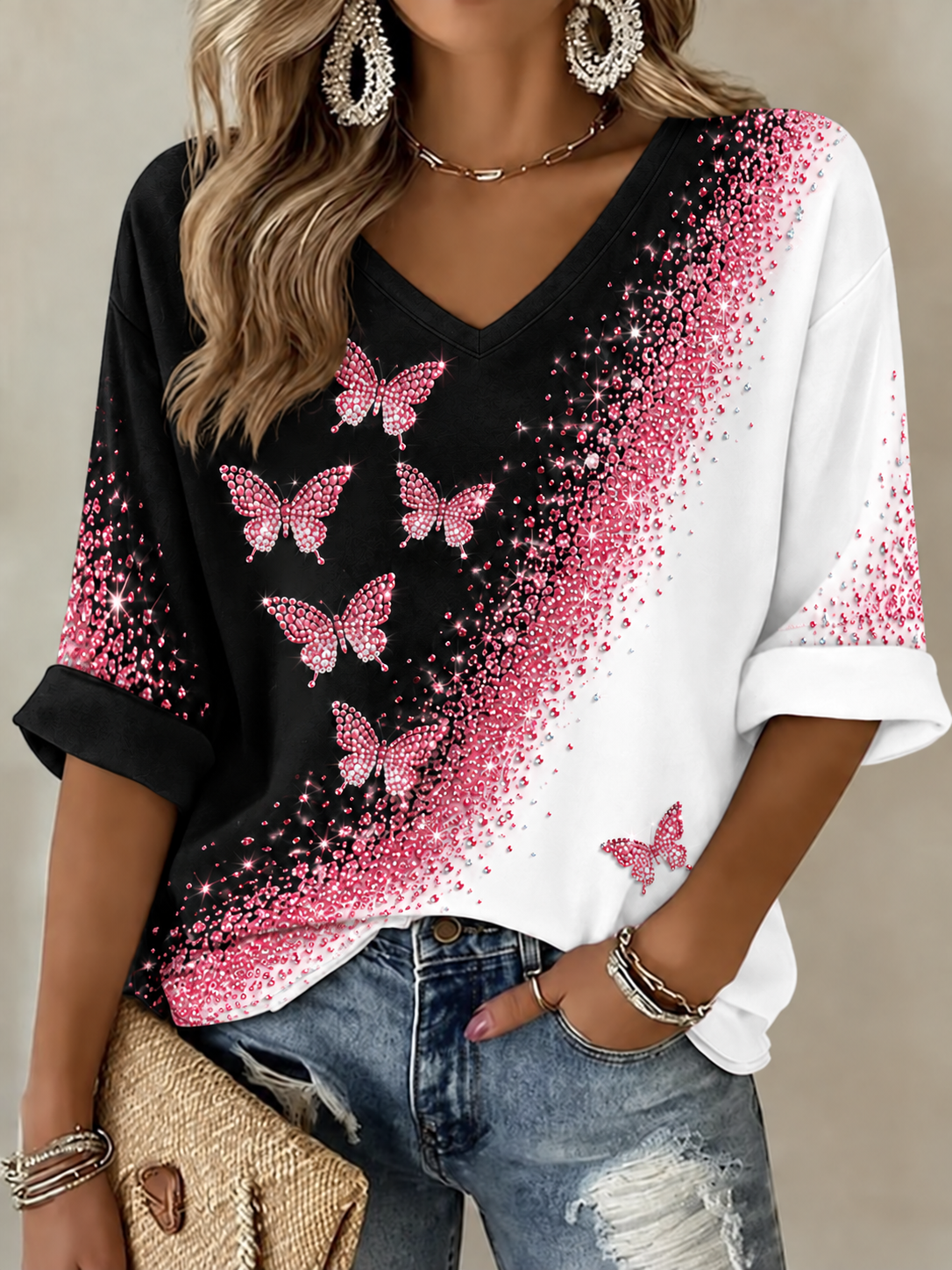 T-shirt femme à manches mi-longues et col en V, pour le cancer du sein