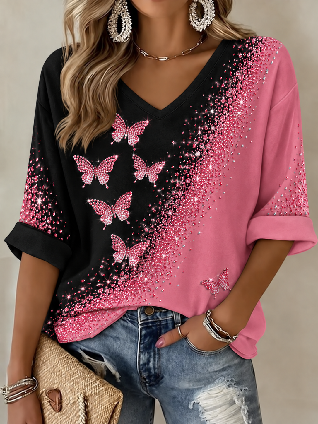 T-shirt femme à manches mi-longues et col en V, pour le cancer du sein
