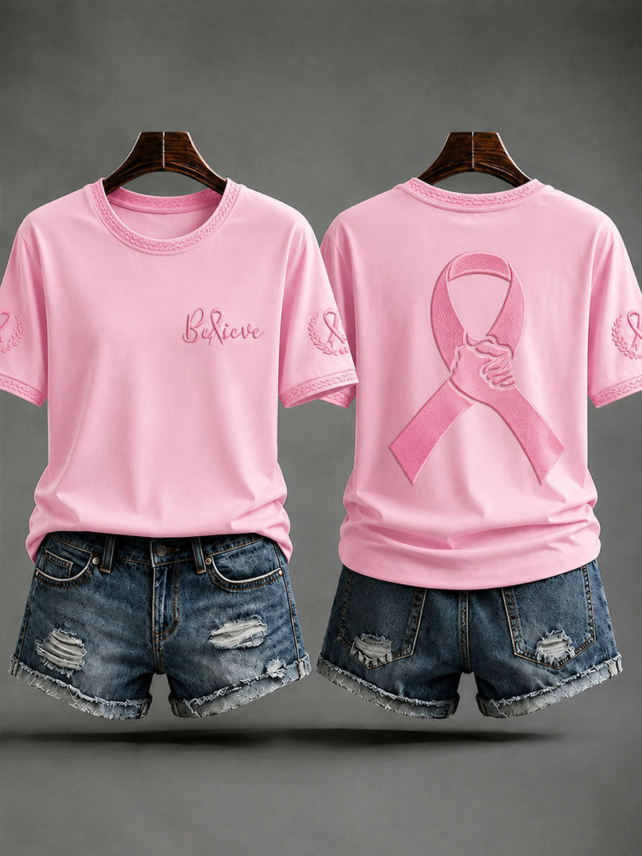 T-shirt décontracté «Believe» de prévention et de sensibilisation au cancer du sein pour femmes