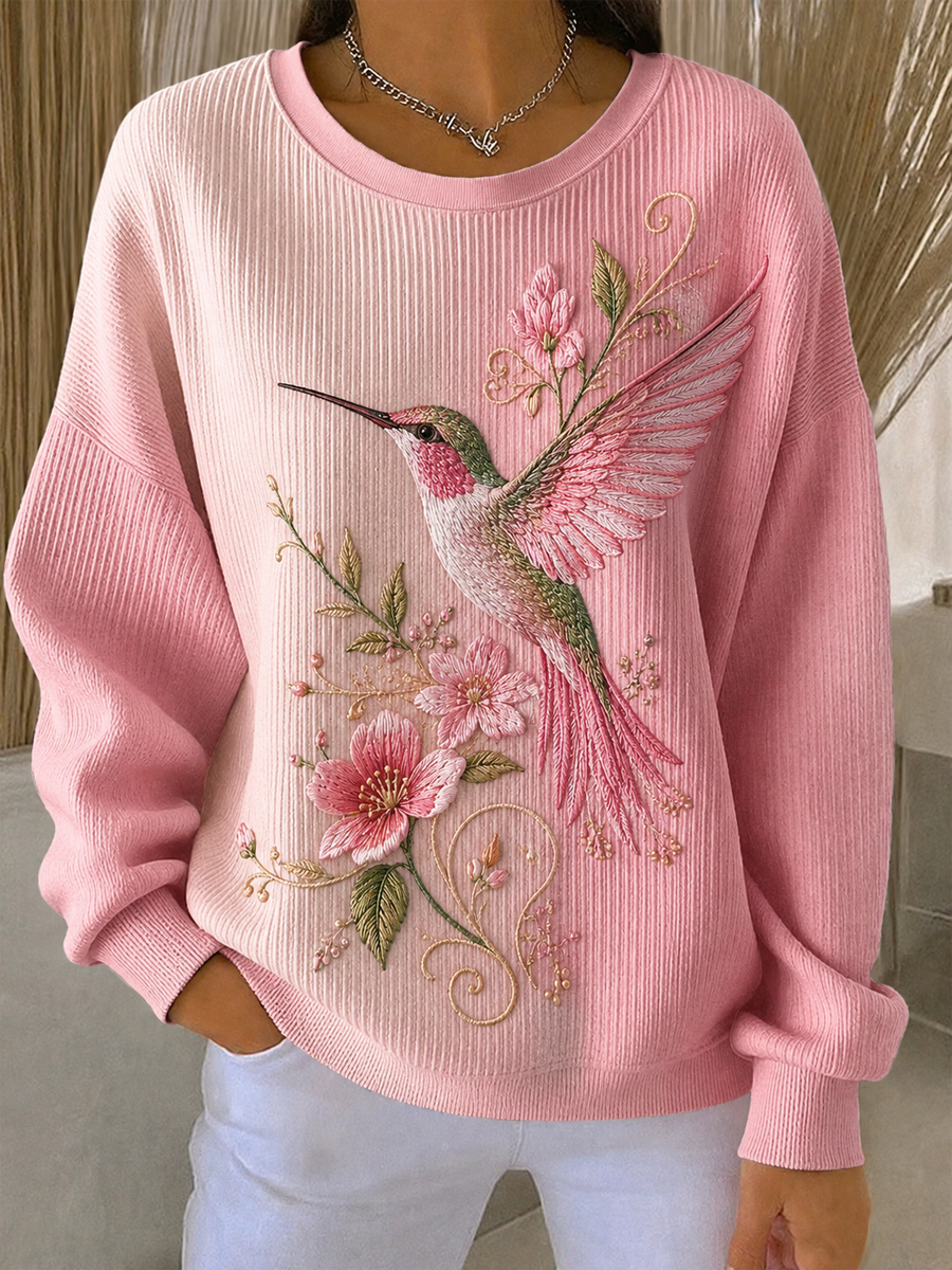 Sweat-shirt Femme Colibri Art Imprimé Côtelé Col Rond