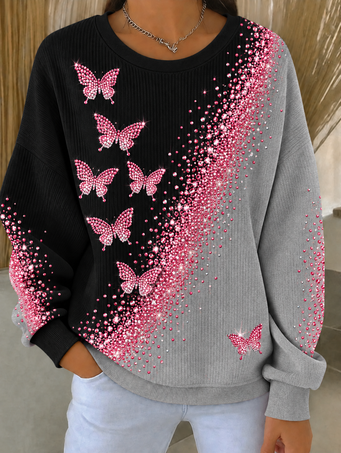 Sweat-shirt à col rond côtelé pour femmes, motif cancer du sein