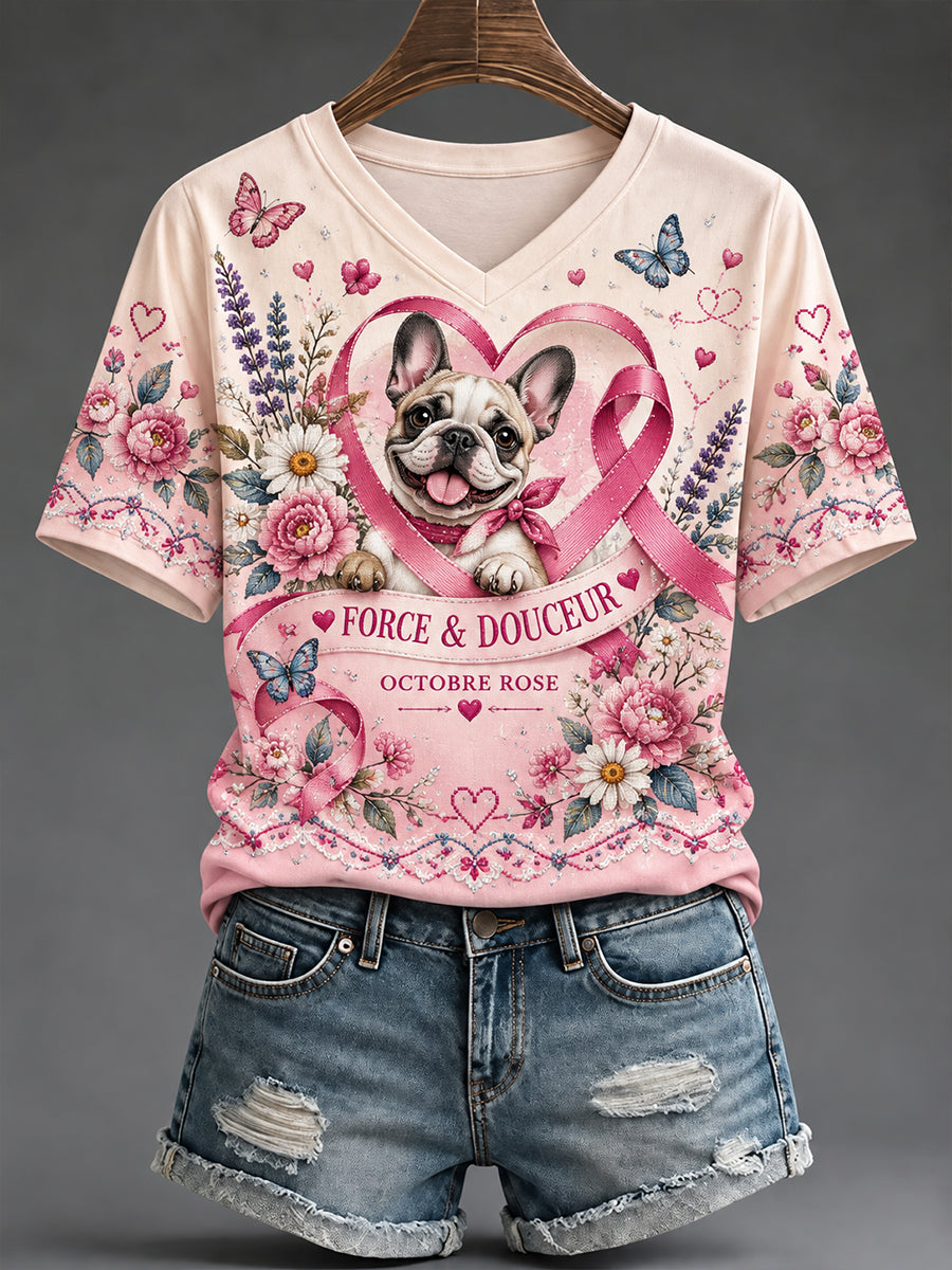 T-shirt à manches courtes de sensibilisation au cancer du sein en France pour femmes